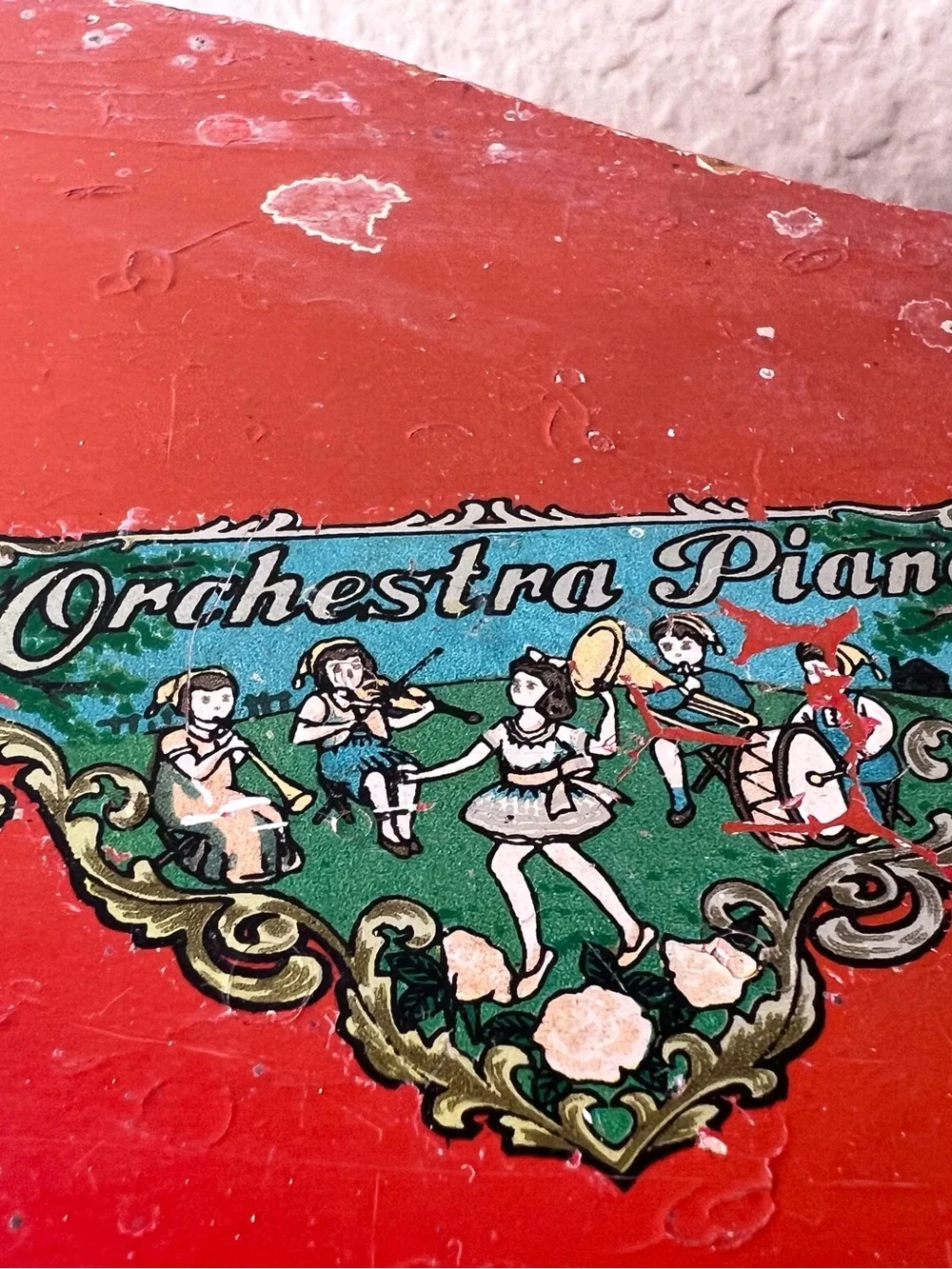 Vintage 1950s Orchestra Piano Toy Grand Piano Red Chippy Paint